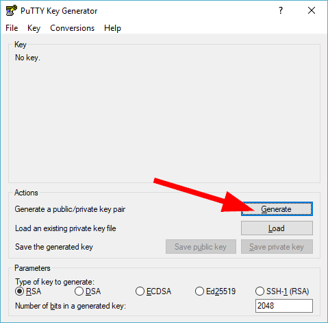 Once you've verified your type of key and number of bits in your generated key, select Generate