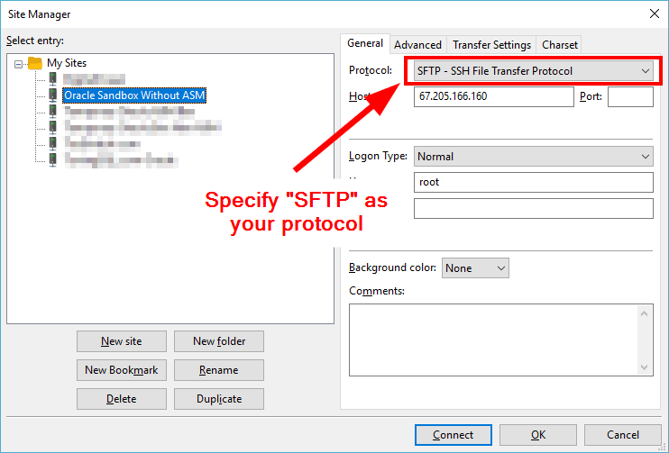 Specify SFTP as your protocol