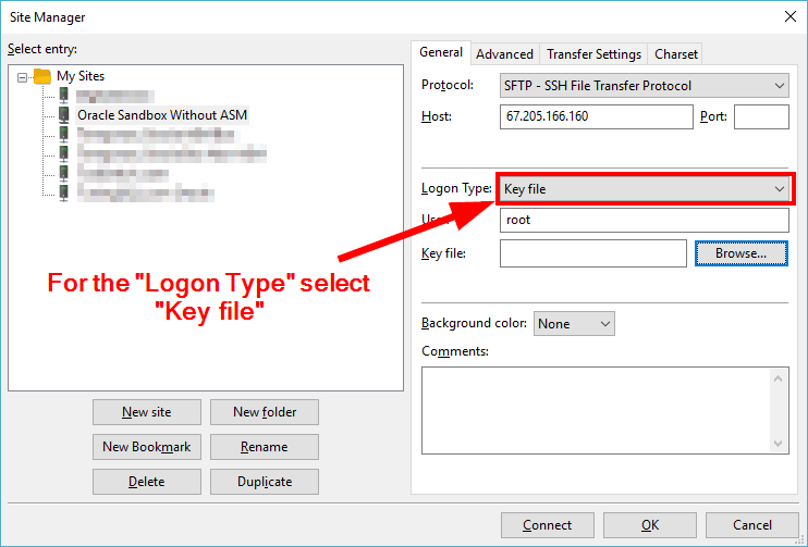 For the "Logon Type" select "Key File"