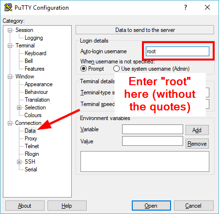 Click on Data, set the auto-login username to be "root"