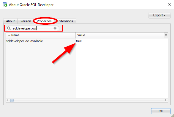 About Oracle SQL Developer properties tab sqldeveloper.oci.avail